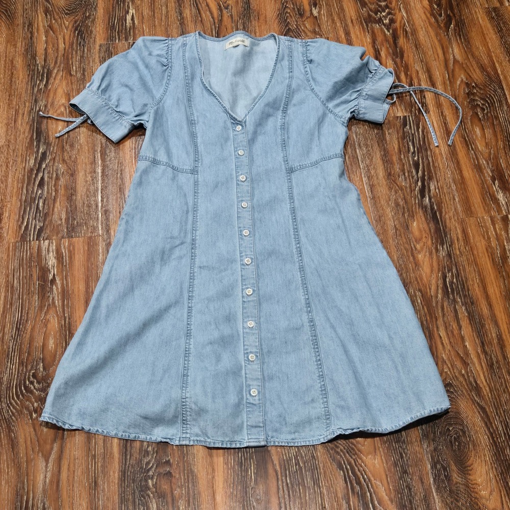 Madewell 8 Denim Mini Dress Women Blue Button Front Puff Sleeve Tie Cuff V-Neck